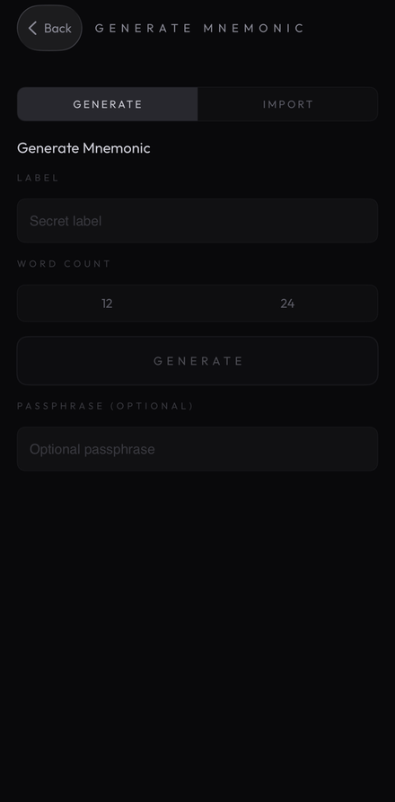 HushChip app generate mnemonic screen with word count toggle